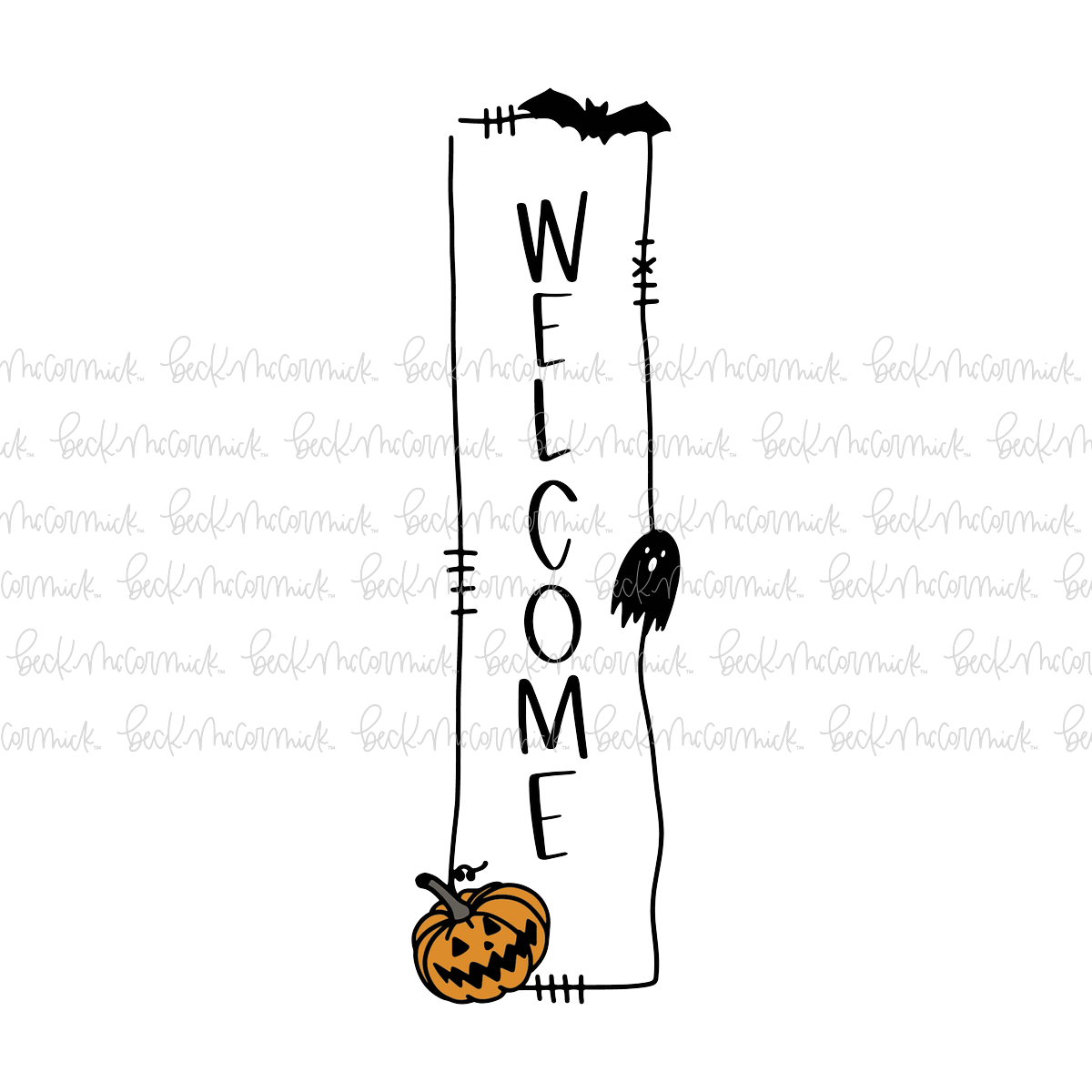 Welcome Vertical Sign With Bat Ghost Jackolantern For Halloween - Halloween SVG File